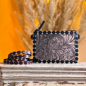 Western Stylish Hand Tooled Slim Card <b>Wallet</b> Genuine Leather With Florals Carved Mini <b>RFID</b> <b>Blocking</b> Card Case Holder Zip Closure - Product Image 3
