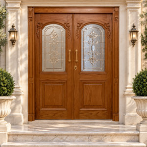 Puerta de Entrada de Madera Sólida GA-43G con Diseño Curvo Contemporáneo y Vidrio Teñido, Doble Moldura Abatible para Villa - Product Image 5