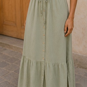 Vestido Maxi Boho con Tirantes Finos, Corte en A, Color Sólido, Botones al Frente, Vestido Casual de Verano - Product Image 6