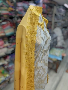 Ice <b>Blue</b> Fransawi Dirac with Gold Leaf Jacquard Design & Matching Embroidered Gorgor Shawl Set - Product Image 2