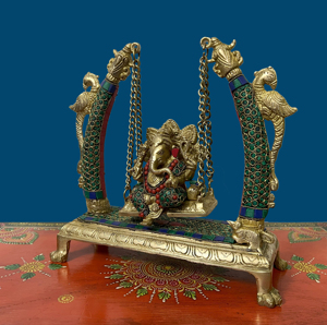 Figurine artisanale décorative en laiton de Ganesh sur balançoire avec perroquet pour la maison, le temple et la décoration murale - Product Image 3