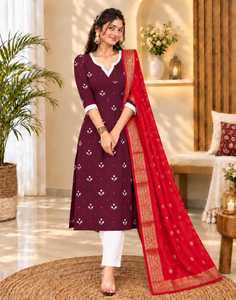 <b>Women</b> Blue Printed Cotton <b>Kurta</b> With White Pants And Red Dupatta Traditional Ethnic Set <b>for</b> Festive Party <b>for</b> <b>Women</b> Wear - Product Image 6
