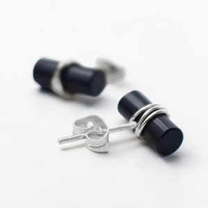 Black Onyx Cylinder <b>Stud</b> <b>Earrings</b> Silver Plated Brass Natural Gemstone Minimalist Cabochon Bar <b>Earrings</b> Wholesale - Product Image 3