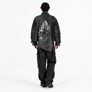 Chaqueta de mezclilla encerada negra oversize para hombre, con dobladillo deshilachado asimétrico, mangas acordeón, estilo streetwear, diseño personalizado - Product Image 2