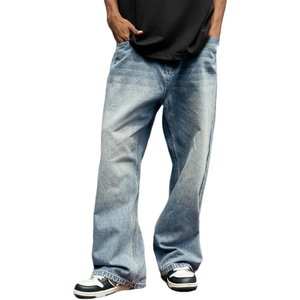 Men Streetwear Straight Jeans Oversized Loose Woven Denim <b>Pants</b> Lightweight Vintage Casual Fashion Clothing - Product Image 1
