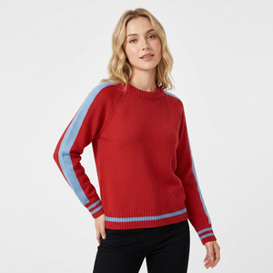 Pull à col rond pour femme, couleur rouge, à blocs de couleur, manches longues, tricoté, décontracté, pour l'automne, 100% acrylique, 280g, personnalisable, marque - Product Image 5