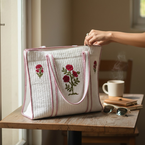 Sac fourre-tout indien en coton matelassé, broderie rose, imprimé au bloc à la main, écologique, réutilisable, blanc, style bohème à pois vintage, pour le shopping - Product Image 5