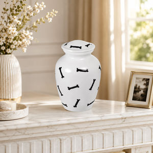 Urne funéraire artisanale blanche pour cendres d'animaux (chien, chat) - Souvenir commémoratif en métal avec motif imprimé os noir et fermeture sécurisée - Product Image 4