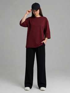 Women Solid Maroon Three Quarter Sleeve <b>Top</b> <b>And</b> <b>Black</b> Wide Leg Pants Two Piece Casual <b>Set</b> - Product Image 1