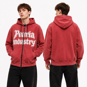 Sudadera con capucha y cremallera completa para hombre, de algodón grueso, con cordón, estampada, roja lavada, estilo casual de invierno, ecológica, para streetwear y chándal - Product Image 4