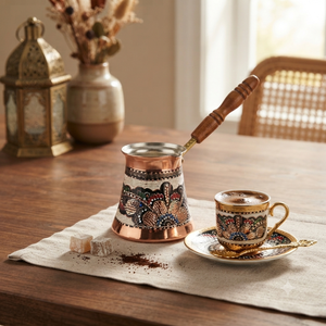 Hand Painted Floral Enamel Copper Turkish Coffee Pot <b>Vintage</b> Cezve Arabic Ibrik Stovetop Milk Warmer Wooden Handle <b>Tin</b> Lined OEM - Product Image 2