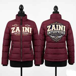 Premium 100 Polyester 145 GSM Women Puffer Jacket Quilted Panel Burgundy Winter Jacket Custom Chenille Embroidery OEM ODM - Product Image 1