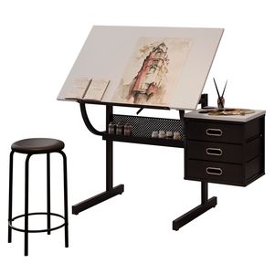 Adjustable White Tabletop Drafting <b>Drawing</b> Desk with Stool and 3 <b>Storage</b> Drawers for Crafting Reading Writing - Product Image 4