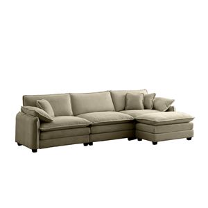 Divano Sezionale a L Oversize a 3 Posti in Corduroy Tan con Poggiapiedi e Pouf per Soggiorni - Product Image 6