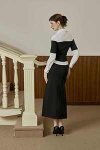 Conjunto de Falda Elegante para Mujer, Diseño Tejido, Elegante/Formal/Oficina, MARINA - Camisa Caqui con Capas en Blanco y Negro KS49 - Product Image 2