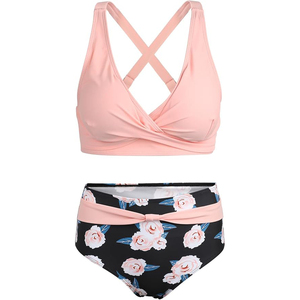 Conjunto de bikini con estampado floral, top con cuello en V profundo y nudo, parte inferior de cintura alta, traje de baño de dos piezas para playa - Product Image 3