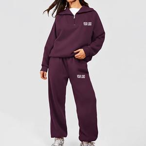 Ropa Deportiva de Invierno Ecológica al por Mayor, Conjunto de Dos Piezas para Mujer, Sudadera con Capucha de Manga Larga con Cierre y Pantalones de Tela Acanalada - Product Image 1