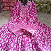 Ensemble Kurta Anarkali pour femmes, long, en toile imprimée de fleurs brodées, en coton non tissé, avec pantalon et dupatta |   Vêtements ethniques |   Taille Plus 3XL-6XL