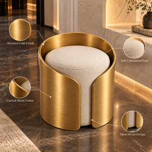 Luxury Gold Metal Accent <b>Stool</b> Upholstered <b>Cushion</b> Open Front Design Modern Decorative Seating for Living Room Bedroom | Elegant - Product Image 4