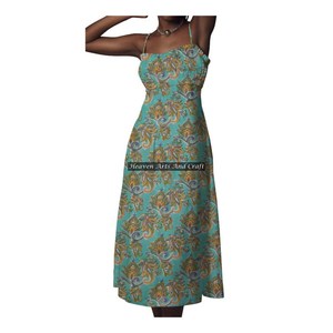 Nouvelle robe à bretelles spaghetti en coton imprimé au bloc, motif floral indien, Kurti, magnifique tunique en coton imprimé à la main - Product Image 5