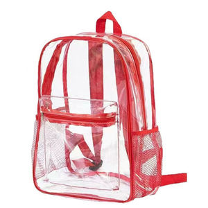 Transparent Red PVC <b>Backpack</b> With Mesh Pockets Zipper Closure Casual Style Unisex School Bag - Product Image 1