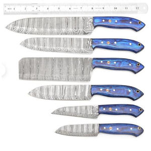 Ensemble de 6 couteaux de cuisine en acier Damas, faits à la main, durables, 8-9,9 pouces, manche en bois, poli, tranchant, bord dentelé, pour droitiers - Product Image 1