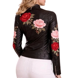 Women's Lambskin & Goat Leather Floral Rose Embroidered <b>Biker</b> Jacket | Premium Slim-Fit Moto Outerwear - Product Image 2