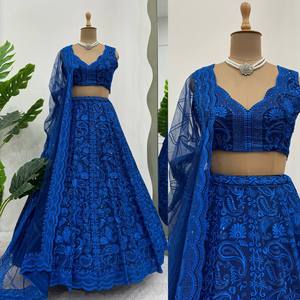 DESIGNER GEORGETTE THREAD SEQUENCE WORK LEHENGA CHOLI WITH DUPATTA BLUE - Product Image 3