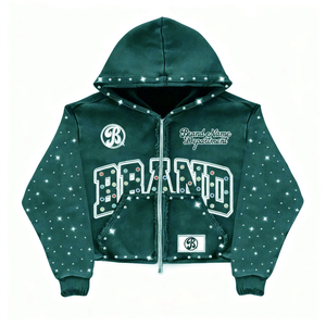 Sweat-shirt à capuche noir avec logo de marque en strass, fermeture éclair, streetwear, veste en satin surdimensionnée pour homme, vêtements d'hiver - Product Image 4
