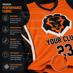 Camiseta de Baloncesto Personalizada Naranja y Negra con Logotipo de León Sublimado, Transpirable, Unisex, sin Mangas, Cuello en V, para Adultos - Product Image 5