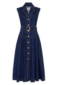 Vestido Midi de Mezclilla para Mujer, Sin Mangas, Corte en A, Cuello Camisero, Botones al Frente, con Cinturón, Estilo Casual de Primavera, Color Sólido, Tejido de Algodón - Product Image 1