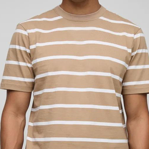 Men's Camiseta Short Sleeve T-Shirt-Formal Crew Neck Striped <b>Tee</b> Beige <b>White</b> Loose Fit Comfort Wear 100% Cotton Front Logo - Product Image 2