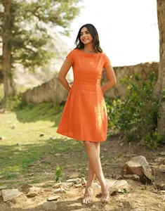 Vestido Largo Informal de Verano para Mujer, Color Naranja, de Algodón y Lino, Hasta la Rodilla, con Mangas Cortas, Corte en A, Transpirable - Product Image 4