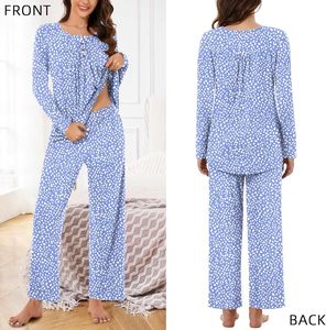 Conjunto de Pijama Suave para Mujer, 2 Piezas, Algodón Hilado en Anillo, Camiseta de Manga Larga y Pantalones, Ropa de Dormir Cómoda - Product Image 1