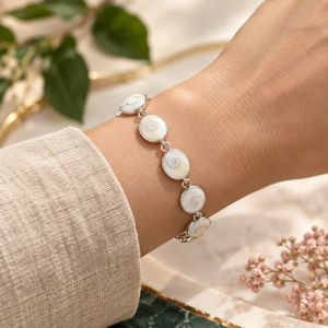 925 Sterling <b>Silver</b> Classic Shell Disc Link Bangles Oval <b>Beaded</b> Chain for Everyday Party Wear - Product Image 2
