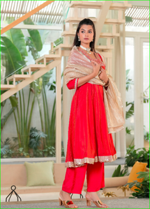 Red Sindoori Mirror Work Anarkali Set With <b>Tissue</b> Dupatta - Product Image 4