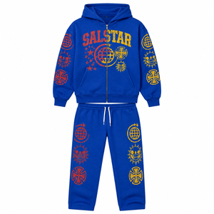 Ensemble de survêtement bleu personnalisé pour homme, 2 pièces, sweat à capuche imprimé graphique, pantalon de jogging, fabricant de vêtements de sport streetwear - Product Image 1