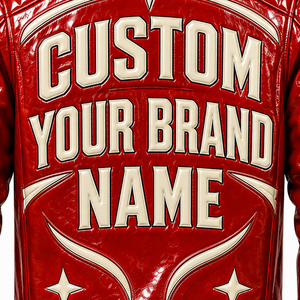 Custom <b>Red</b> Color Leather <b>Jacket</b> With Custom Brand Patch And Ribbed Stripe Trim Cuffs For Unisex Comfort Wear - Product Image 6