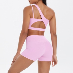 Pink one-shoulder yoga set Seamless crop top shorts High waist yoga shorts Asymmetric activewear set - Product Image 6