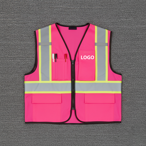 เสื้อกั๊กนิรภัยสีชมพูสะท้อนแสงพร้อมแถบสะท้อนแสงและกระเป๋าหลายช่องสำหรับใช้ในงานอุตสาหกรรม - Product Image 5