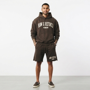 Conjunto de Sudadera con Capucha y Pantalones Cortos para Hombre, Estilo Casual, 100% Algodón, Felpa, Estampado, Desgastado, de Dos Piezas - Product Image 2