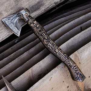 Handmade Carbon Steel Viking Battle <b>Axe</b> with Engraved Wooden <b>Handle</b> and Leather Sheath Camping Gift for Him - Product Image 2