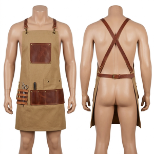 Premium 320 GSM Waxed Cotton <b>Black</b> Barber <b>Apron</b> Brown Leather Panel Custom Embroidery Print Logo Leather Barber <b>Apron</b> - Product Image 4