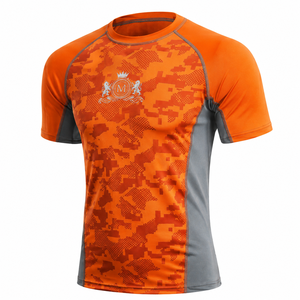 Men's Orange Camo Short Sleeve Rash Guard Sublimation Print Quick Dry Sport Top Front Logo Compression Shirt - Product Image 1