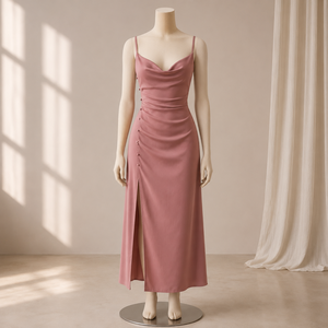 Vestido Midi de Satén Color Rosa Empolvado para Mujer, con Cuello Drapeado, Tirantes Ajustables, Abertura Lateral, Elegante para Cóctel, Fiesta, Boda - Product Image 1