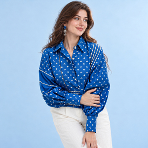 Chemise à manches bouffantes imprimée bleue pour femmes, boutonnée, coupe ample vintage, style bohème - Product Image 3
