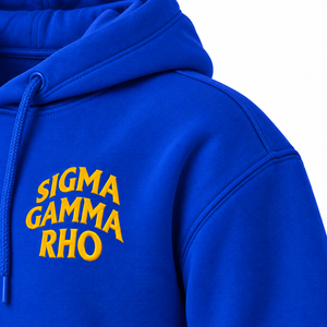 Sudadera con Capucha Azul Rey de Sigma Gamma Rho, con Letras Amarillas en el Pecho, Diseño Minimalista, Bolsillo Canguro, Ropa de Sororidad - Product Image 6
