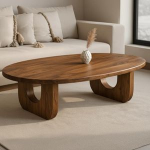 Mesa de Centro Ovalada de Madera de Teca con Base Curva Sólida - Product Image 1