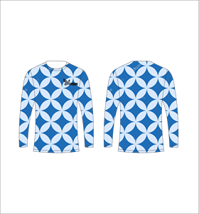 Camiseta Deportiva Ligera de Manga Larga Sublimada Personalizada con Patrón Geométrico de Círculos Azules y Azul Claro, Proveedor al por Mayor - Product Image 1