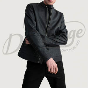 Chaqueta de moto de cuero negro para hombre, corte ajustado, piel de oveja auténtica, para otoño e invierno, informal, con cuello alto, cierre de cremallera, estilo minimalista. - Product Image 1